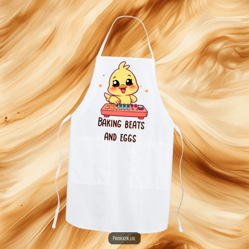 Funny Chick Producer Apron: A cheerful chick tapping on a colorful mixing board, ready to cook and create.