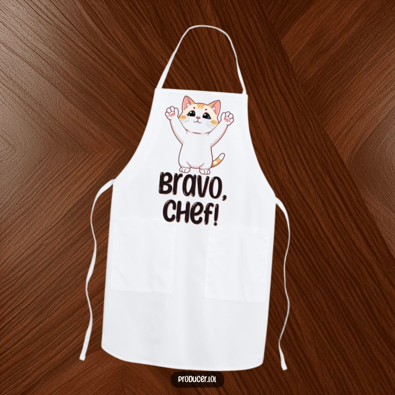 Funny cat apron showing a cat performing a standing ovation with raised paws, ideal for a humorous chef.