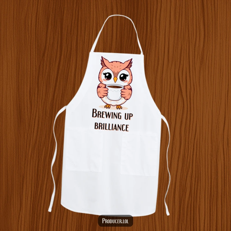Funny Owl Apron: A cheerful owl with a wide smile offers a cup of coffee, ready to protect your clothes with style and humor.
