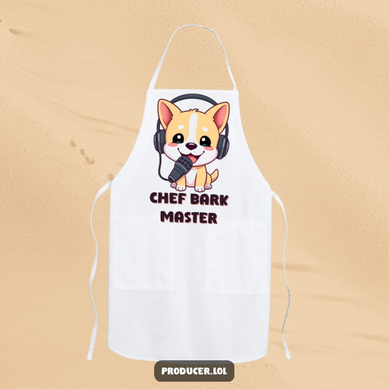 Funny apron showing a happy dog wearing a headset and microphone, ready to host a cooking show or sing.