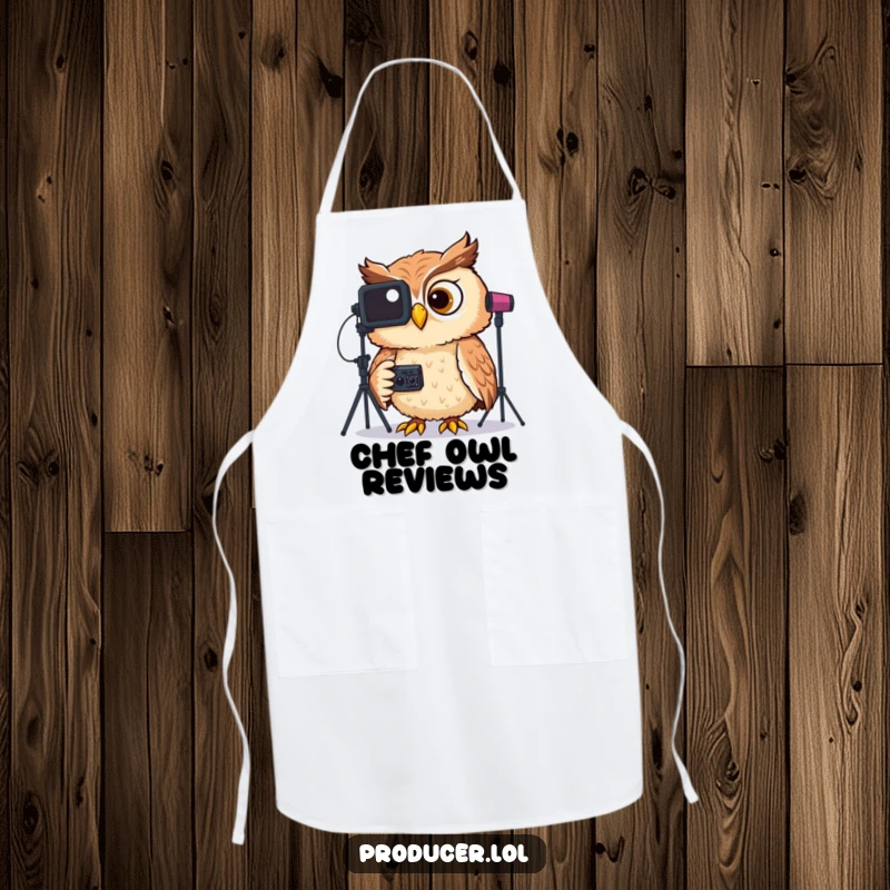 Funny kitchen apron showing a giggling owl wearing headphones, focused on reviewing video footage on a screen with a smile.