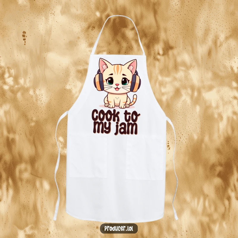 Funny cartoon cat intently listening through headphones, with a focused yet joyful expression, on this kitchen apron.