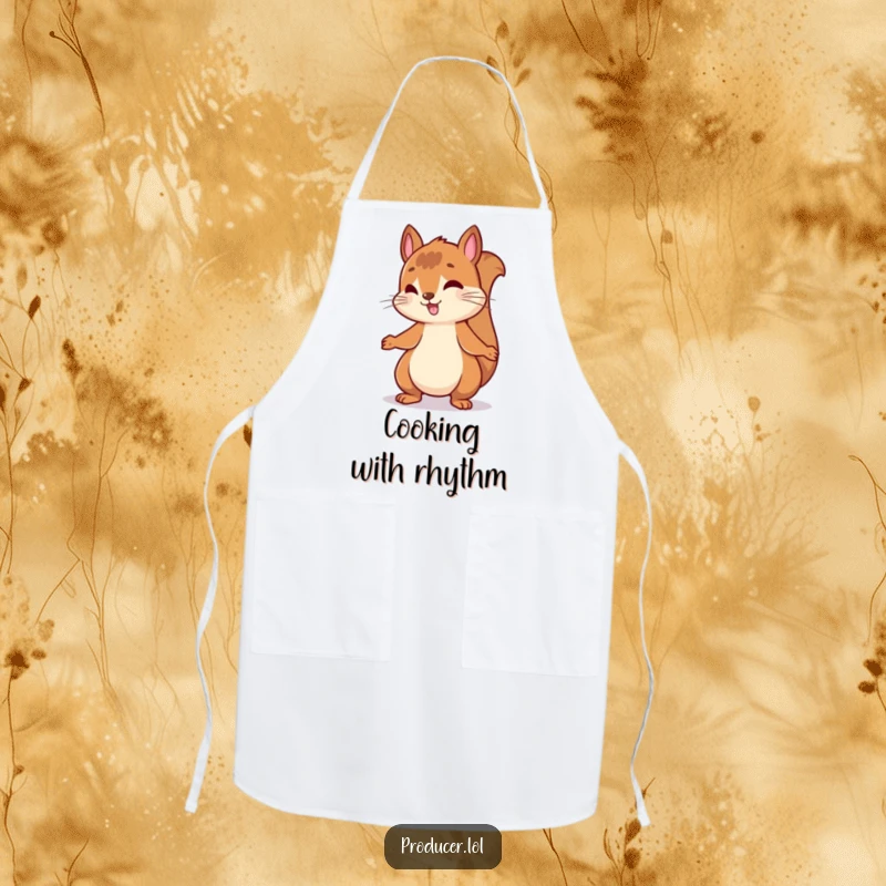 Funny kitchen apron showing an energetic squirrel bouncing and rhythmically nodding its head to an upbeat musical beat.