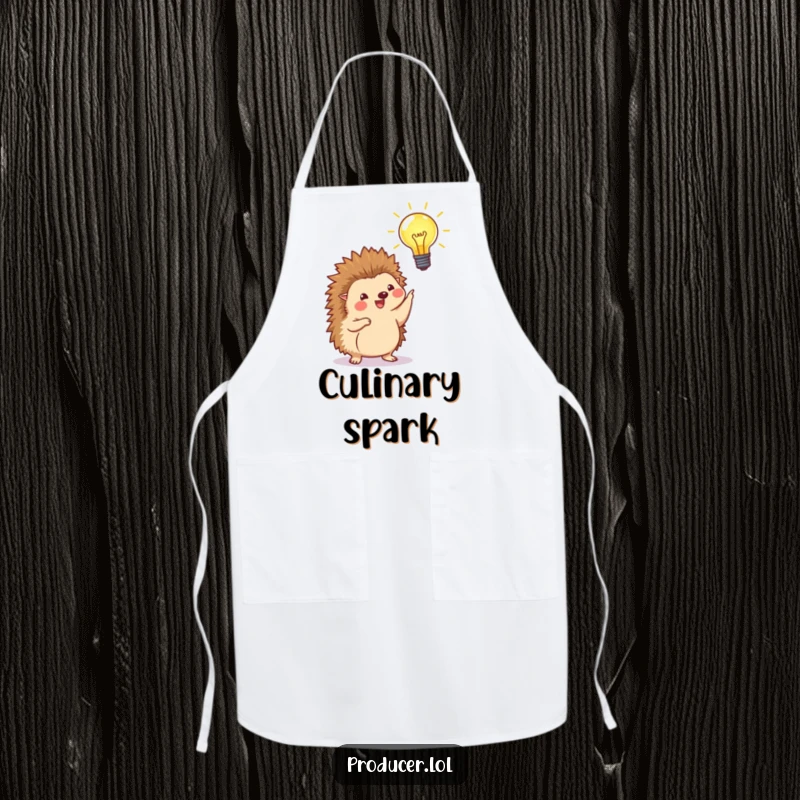 Funny apron showing a happy hedgehog pointing at a beaming lightbulb, ready for kitchen duty with a humorous and brilliant flair.