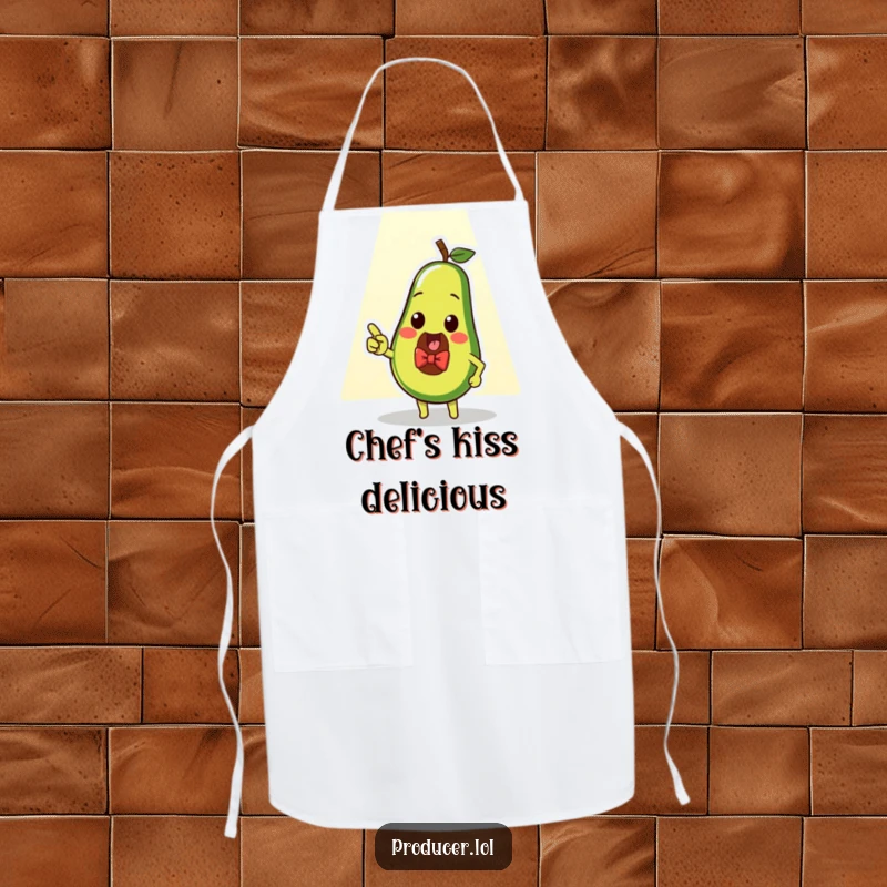 Funny avocado star apron, a chef's garment with a dapper avocado pointing at a spotlight, adding sophistication to cooking.