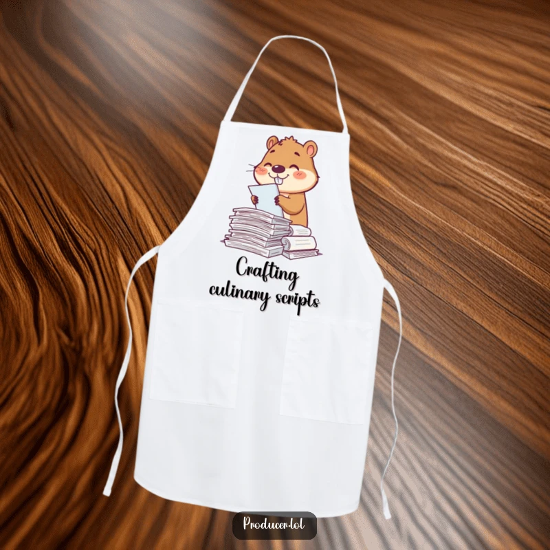 Funny beaver character in an apron, diligently sorting small scripts, smiling while maintaining kitchen order.