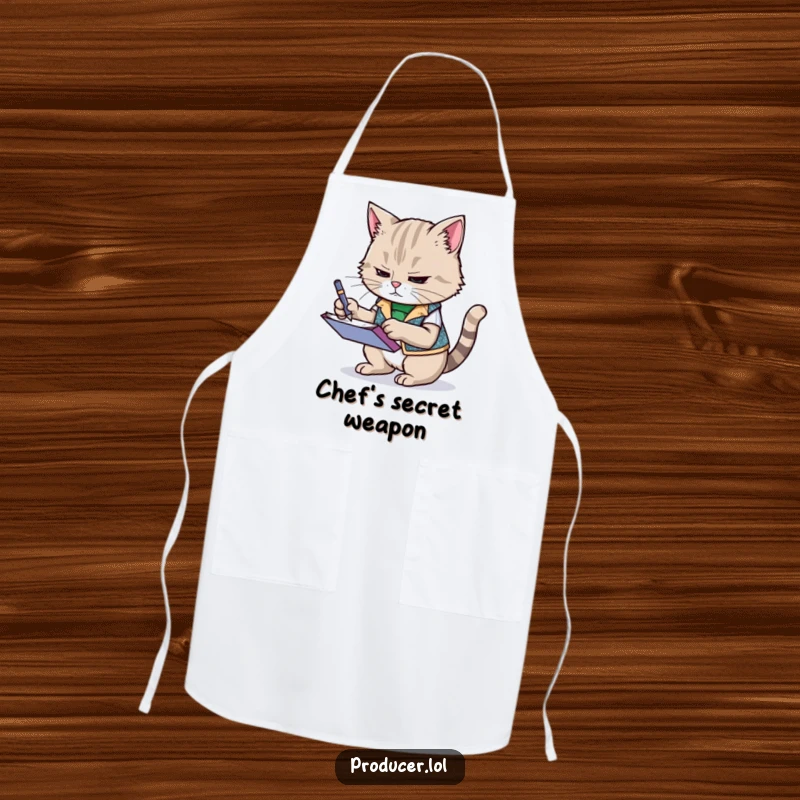 Funny cat wearing a sparkly vest, frantically scribbling notes on a notepad, durable kitchen apron, humorous cooking accessory for chefs.