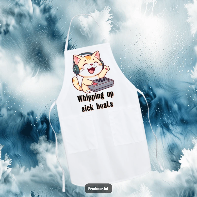 Funny cat DJ apron, enthusiastic feline wearing headphones, mixing sound, preparing food in the kitchen.