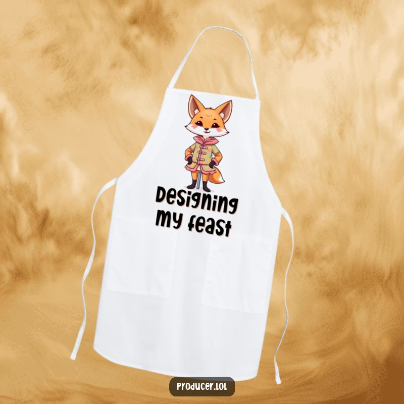 Funny Fox Apron with a confident fox designing a colorful costume on a mannequin with a flourish, washable funny gift.