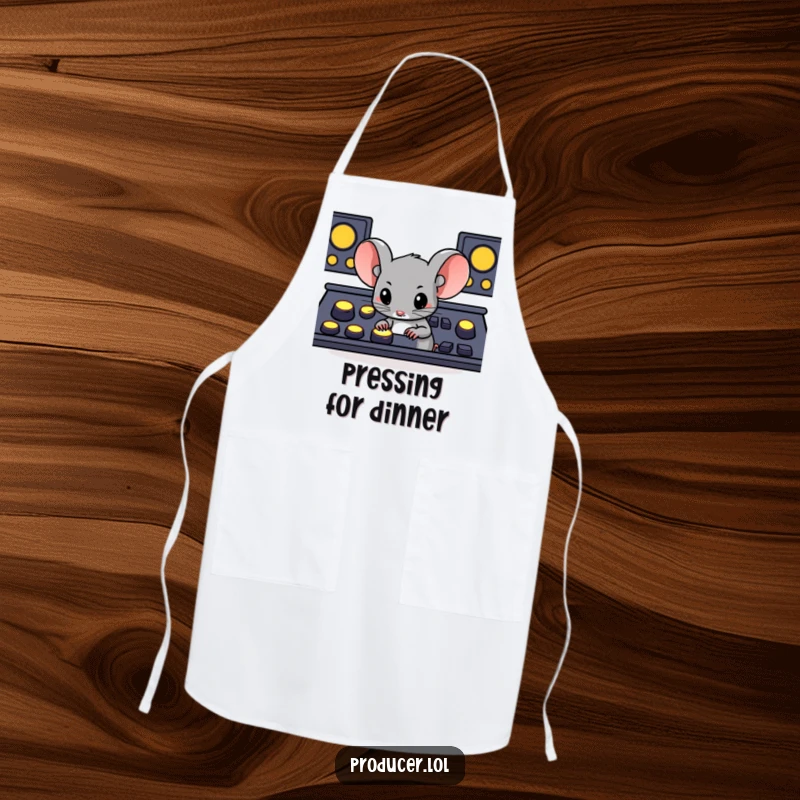 Funny determined mouse pressing large glowing buttons on a console, a humorous and practical apron for kitchen focus.
