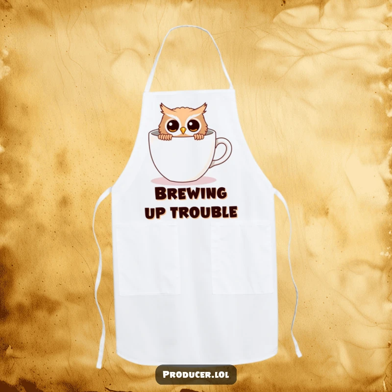 Funny owl apron, curious chef owl, behind empty coffee cup, kitchen wear, culinary humor.