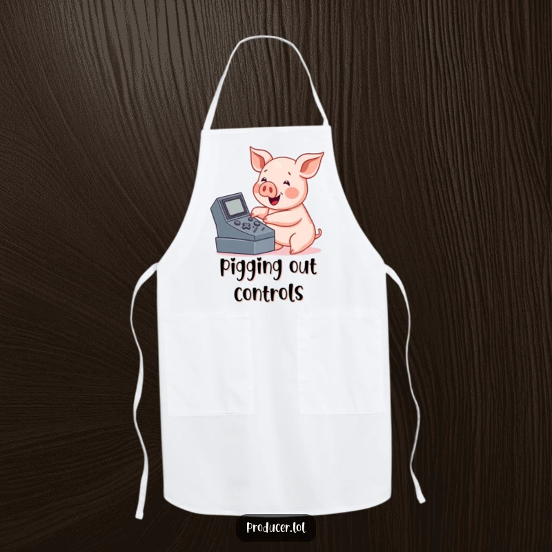 Funny pig console apron, friendly character enthusiastically pressing buttons, ready for culinary command.