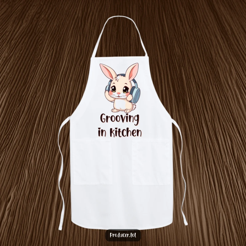 Funny curious rabbit with wide eyes adjusting large headphones, a humorous and practical apron for kitchen creativity.