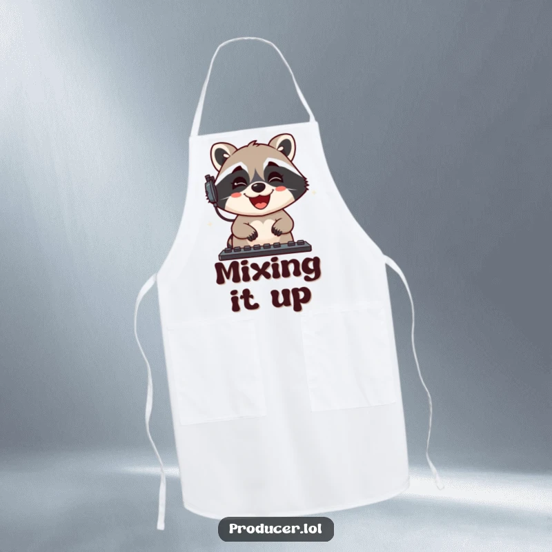 Funny Raccoon Apron: A delighted raccoon gleefully mixes sound levels, perfect for adding humor to kitchen duties.
