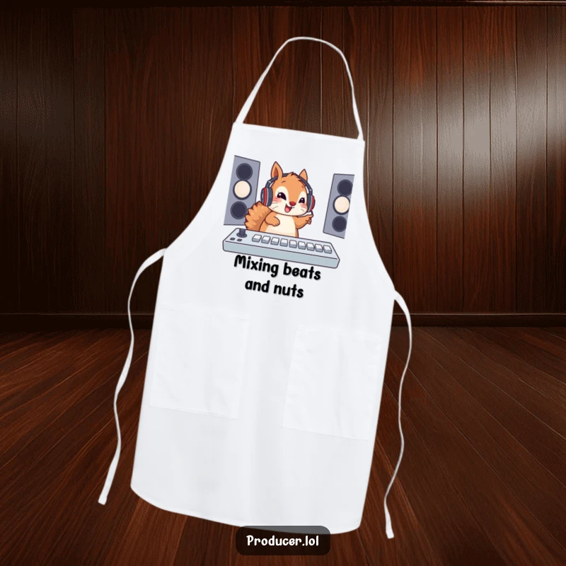 Funny Squirrel DJ Apron: A cute squirrel wearing a headset enthusiastically pressing buttons on a soundboard, great for cooking and kitchen fun.