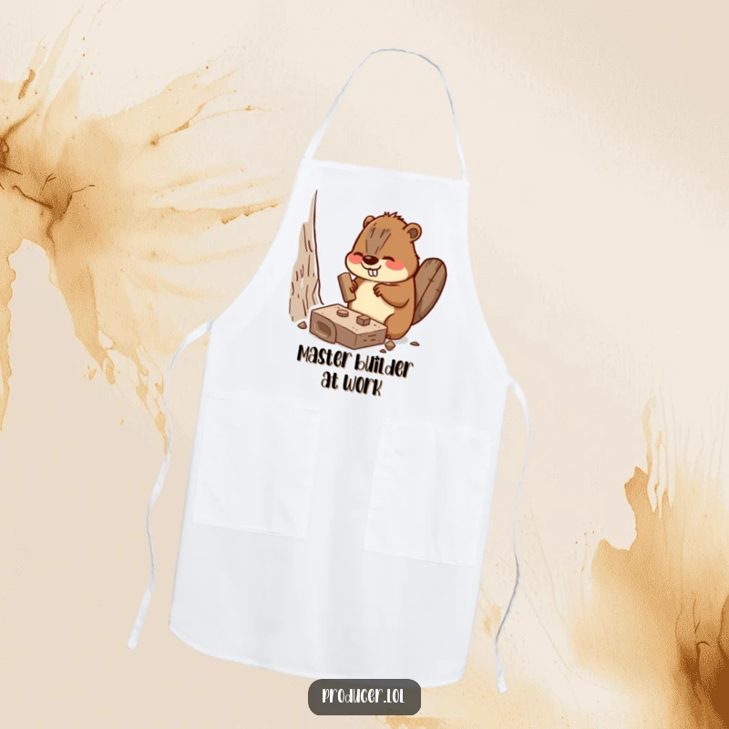 Funny Beaver Apron with a busy beaver enthusiastically hammering a miniature set piece, washable funny gift.