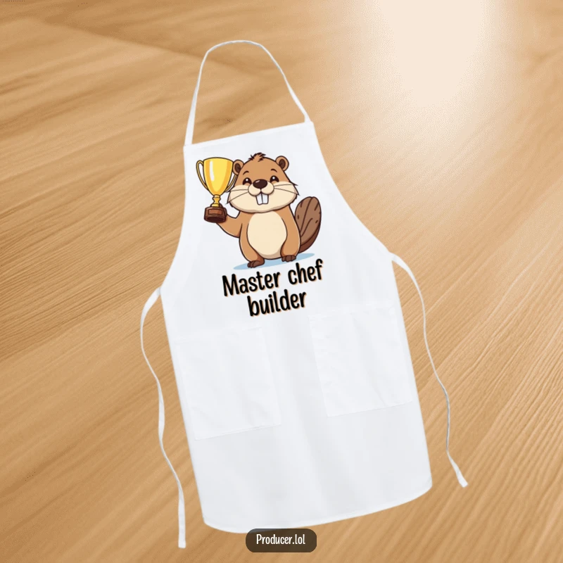 Funny apron with a proud beaver holding a trophy, perfect for a cook who enjoys celebrating culinary wins with humor.
