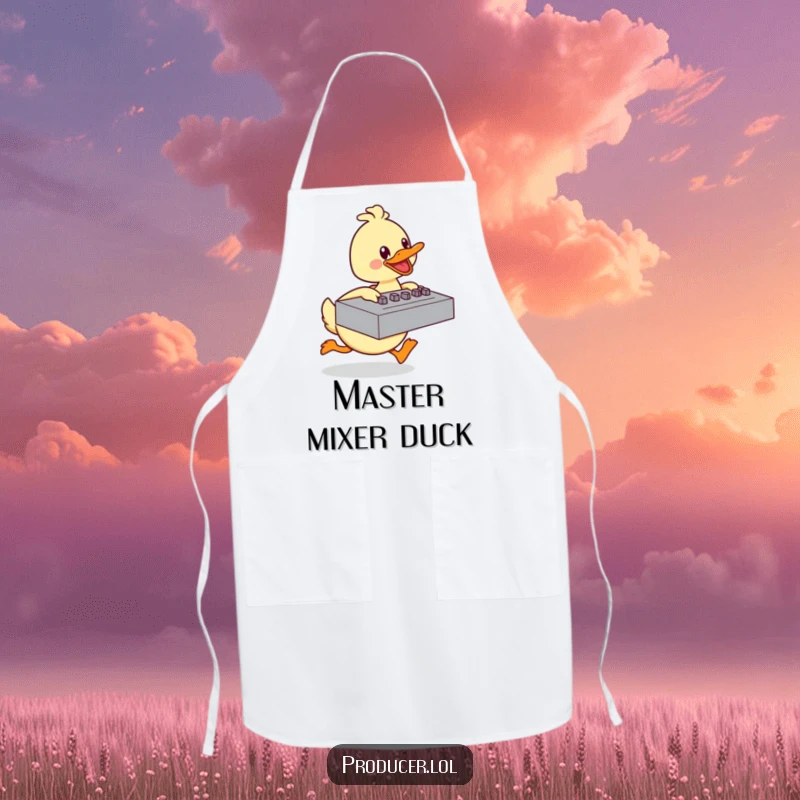 Funny duck apron with a happy cartoon character energetically pushing a large mixing board, for a humorous and energetic baking experience.