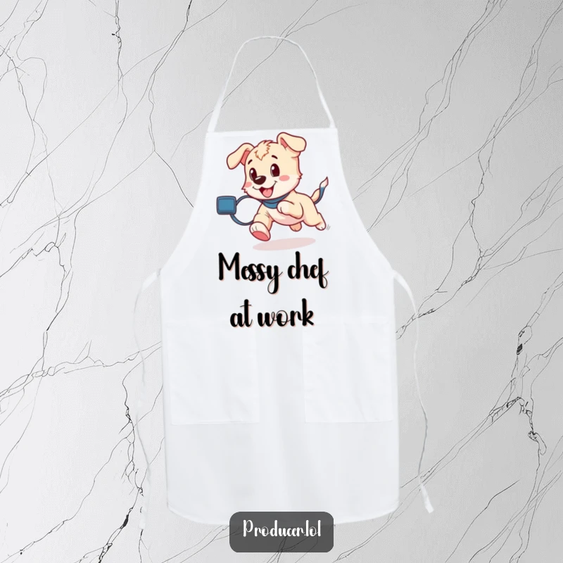 Funny playful puppy running with a film roll trailing, printed on a kitchen apron for photographers.