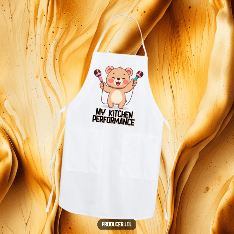 Funny apron with a happy bear cub beaming and juggling three colorful microphones, ready for kitchen performance.