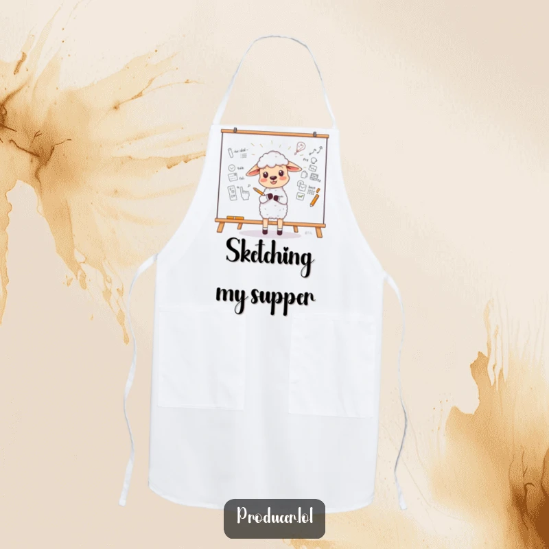 Funny Sheep Apron with a little sheep enthusiastically sketching a new idea on a large whiteboard, washable funny gift.