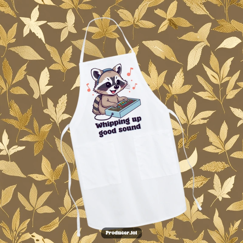 Funny Raccoon DJ Apron: A smiling raccoon enthusiastically mixing sounds at a console, ready to cook up a storm.