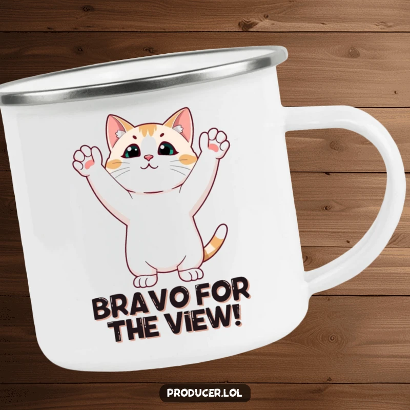 Funny cat camping mug of a cat in a standing ovation pose, ready for outdoor adventures and laughs.