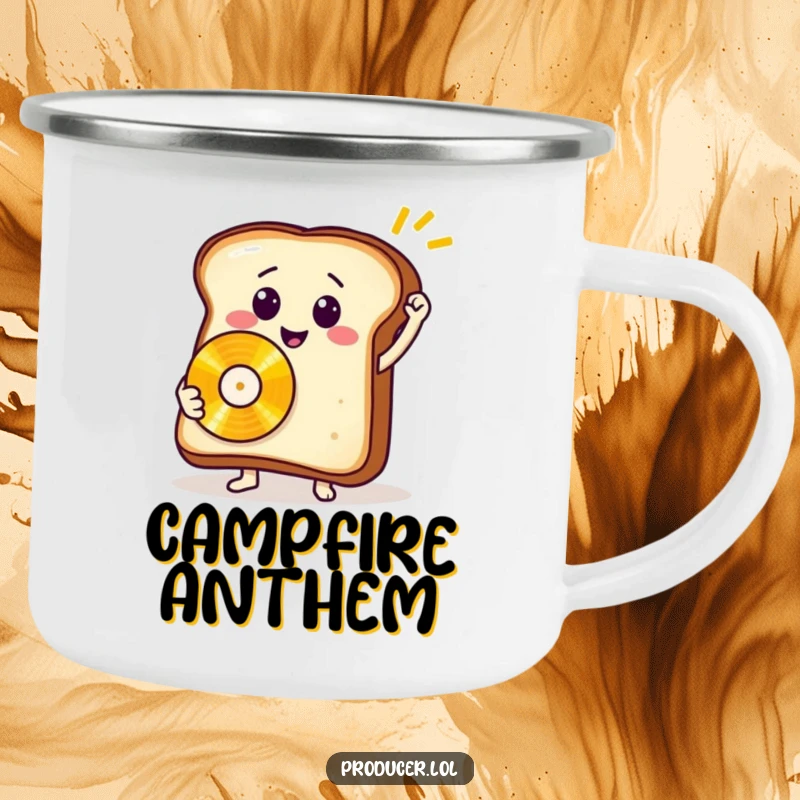 Funny toast record camping mug, a rugged drinkware featuring a smiling bread slice holding a golden record for outdoor fun.