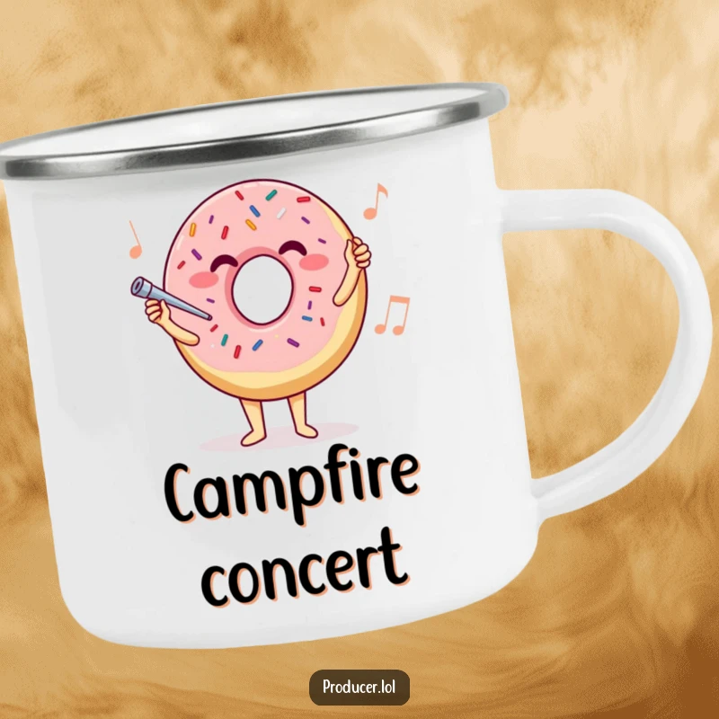 Funny donut conductor camping mug, a rugged drinkware with a joyful sprinkle donut leading an orchestra, perfect for outdoor fun.