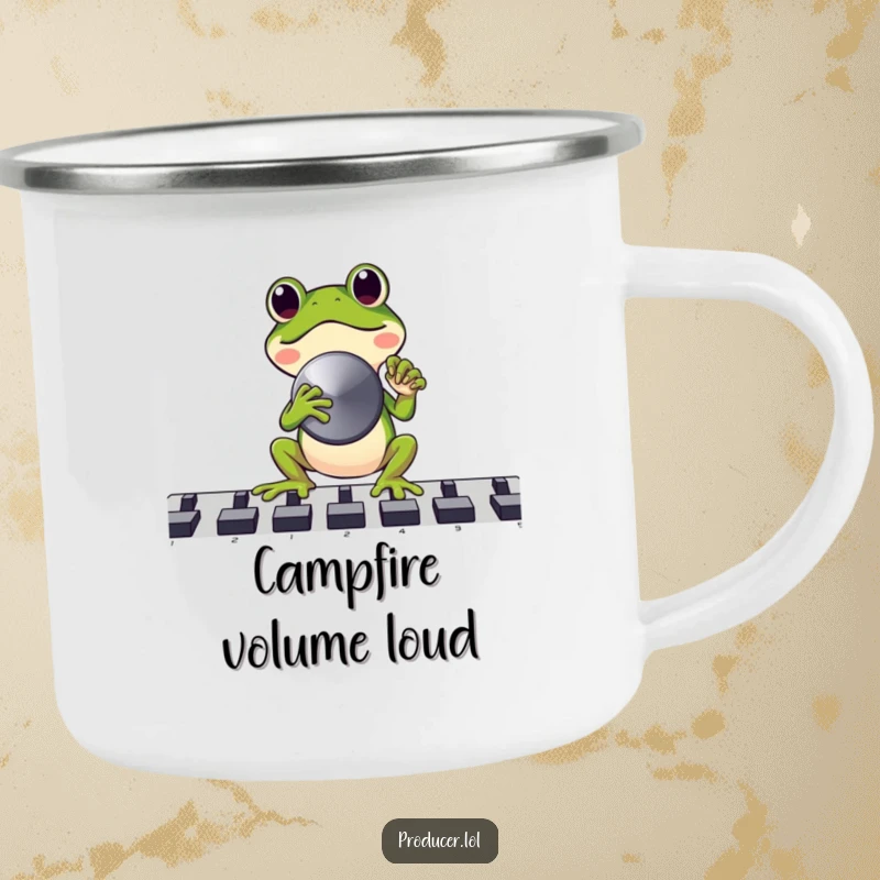 Funny Frog DJ Camping Mug: Joyful frog DJ ready for adventure, perfect funny gift.