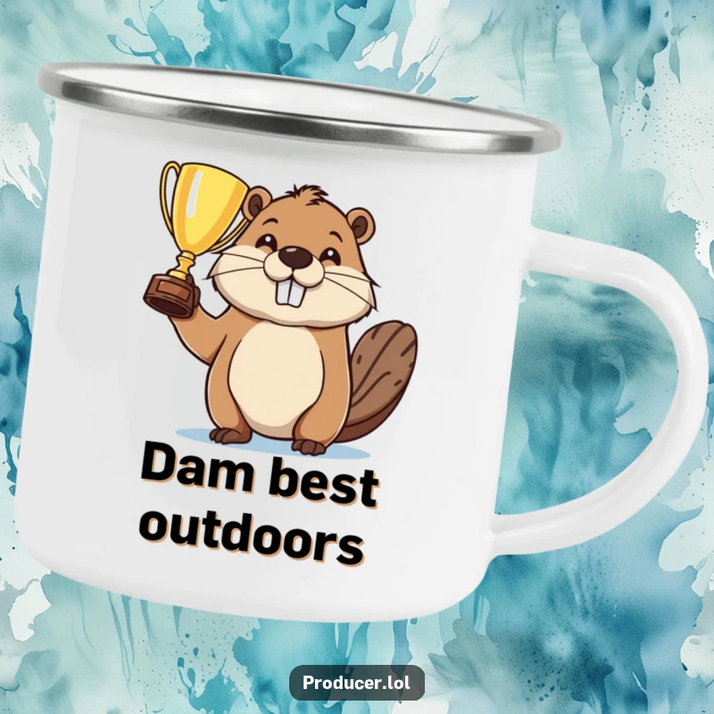 Funny camping mug featuring a proud beaver holding a trophy, ready for outdoor adventures and celebrating personal victories.
