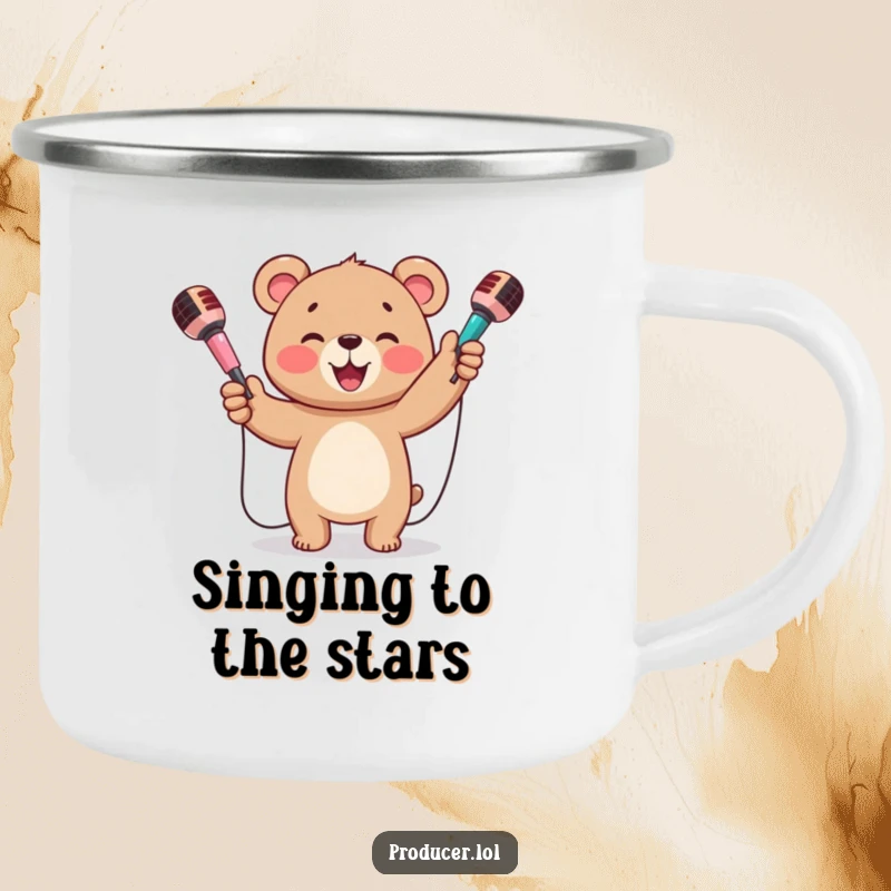 Funny camping mug showing a happy bear cub beaming and juggling three colorful microphones, ready for the outdoors.
