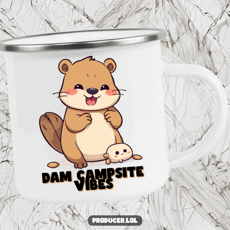 Funny Beaver Camping Mug: An energetic beaver is shown joyfully assembling a structure, perfect for outdoor enthusiasts.