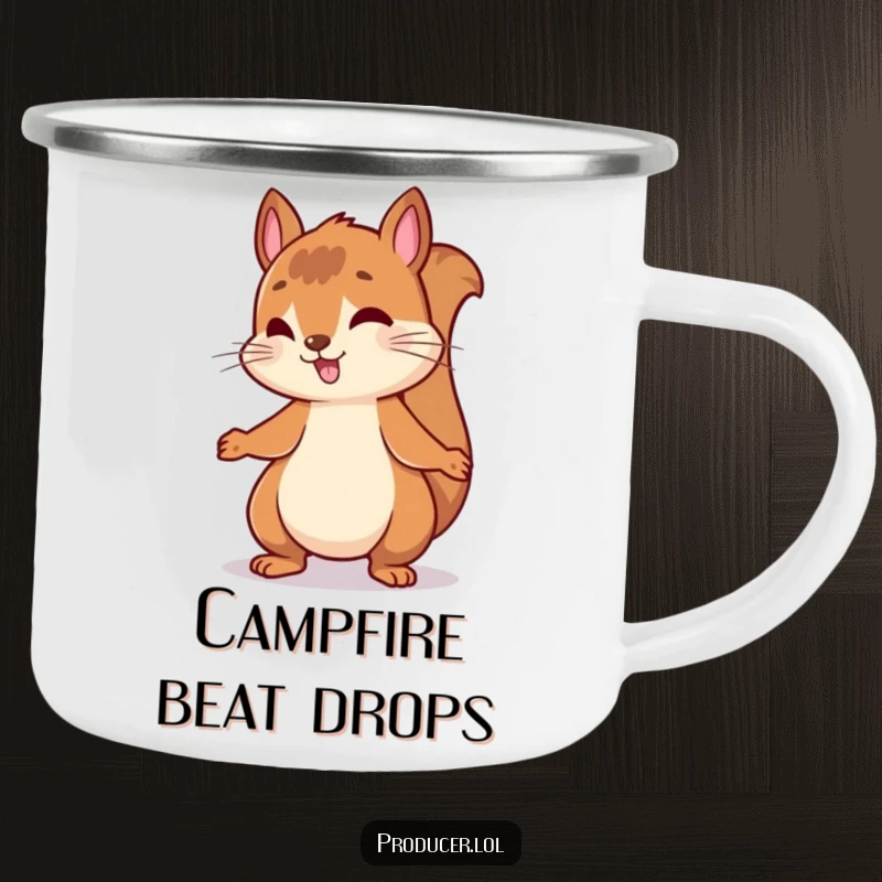 Funny camping mug illustration of an energetic squirrel bouncing and rhythmically nodding its head to an upbeat musical beat.