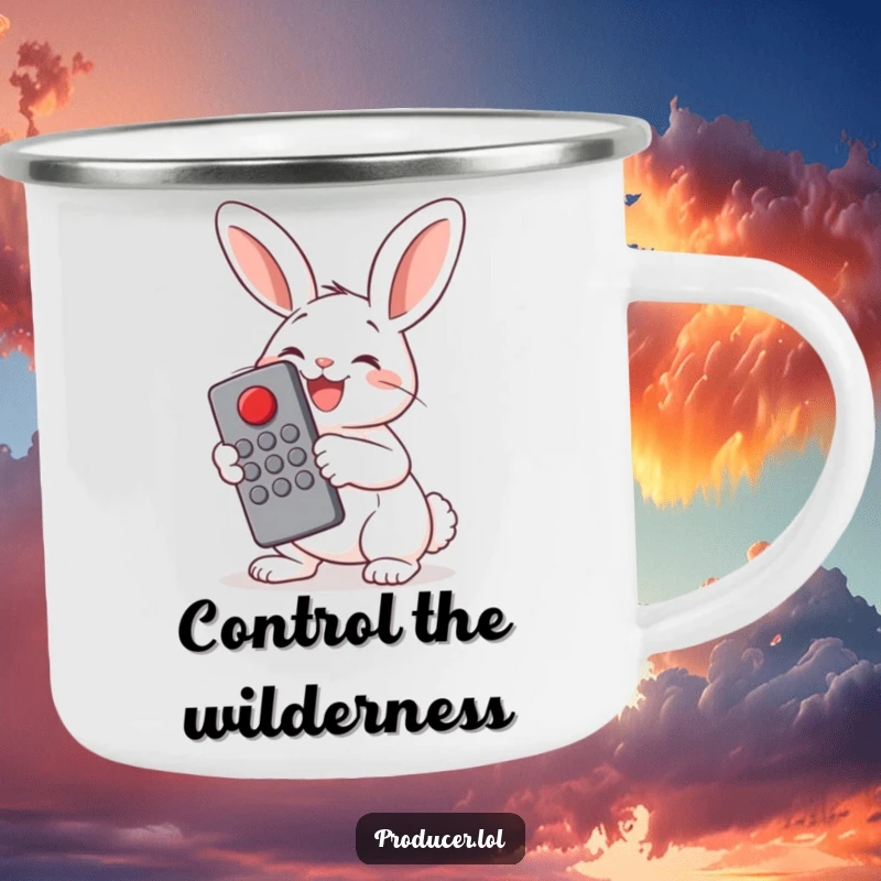 Funny Bunny Button Pusher Camping Mug: A cheerful bunny joyfully presses a big red button with a remote, ready for outdoor fun and control.