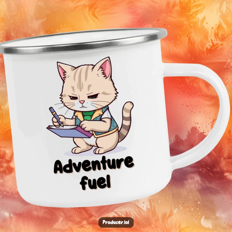 Funny cat wearing a sparkly vest, frantically scribbling notes on a notepad, enamel camping mug, humorous drinkware for outdoor enthusiasts.