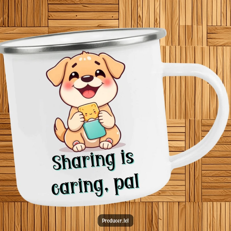 Funny camping mug with a happy dog sharing a snack, perfect for outdoor enthusiasts, bringing smiles and warmth on the go.