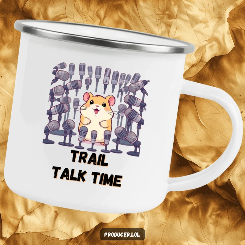 Funny camping mug with a happy hamster surveying an array of microphones, designed for outdoor enthusiasts seeking humorous inspiration.