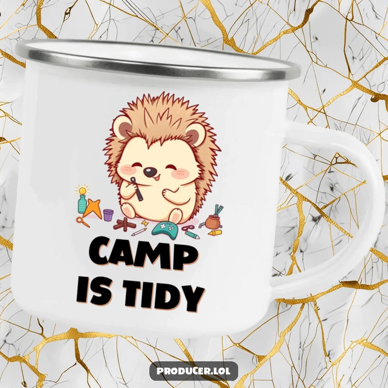 Funny Hedgehog Camping Mug with a happy hedgehog meticulously organizing tiny props with a focused look, durable funny gift.