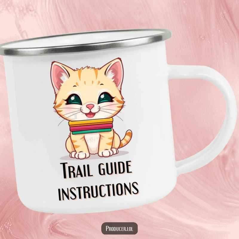 Funny Kitten Camping Mug: A giggling kitten balancing cue cards on its nose, ready for an outdoor show.