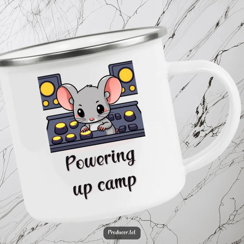 Funny determined mouse pressing large glowing buttons on a console, a rugged and humorous enamel mug for camping trips.
