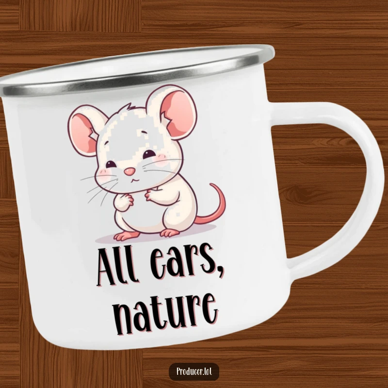 Funny camping mug with a mouse listening intently, perfect for nature observers, bringing a sense of calm and focus outdoors.