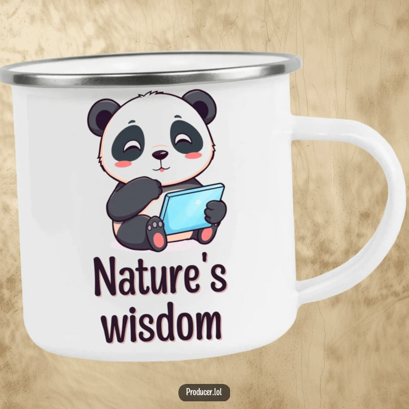 Funny playful panda tapping its chin thoughtfully while holding a glowing tablet, enamel camping mug, humorous drinkware for tech lovers.