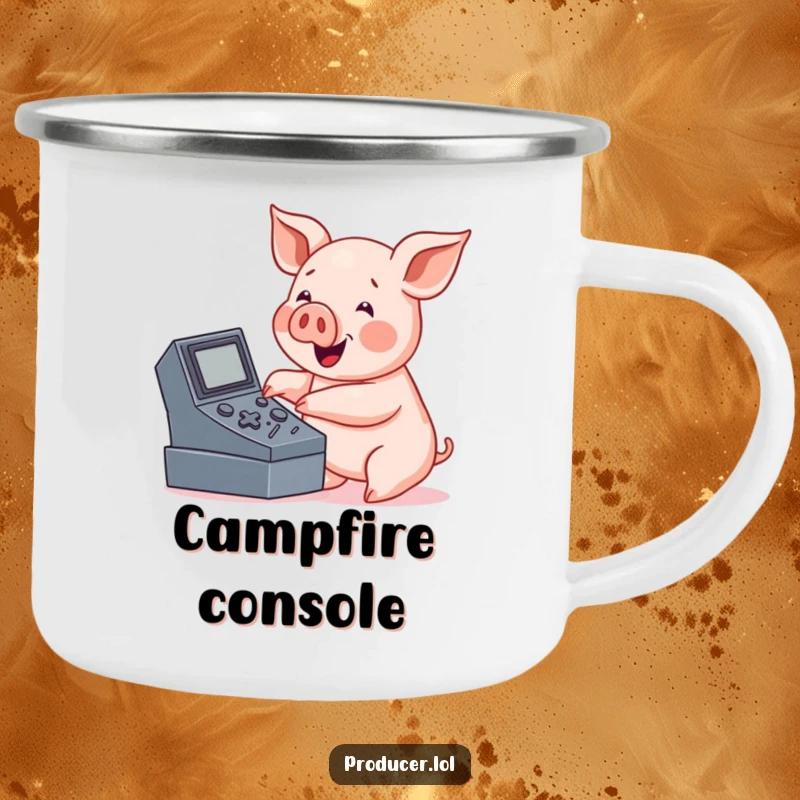 Funny pig console camping mug, friendly character pressing buttons, ready for outdoor tech adventures.