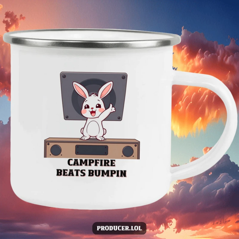 Funny bouncing rabbit pointing at a speaker, ready for outdoor music fun on this rugged camping mug.