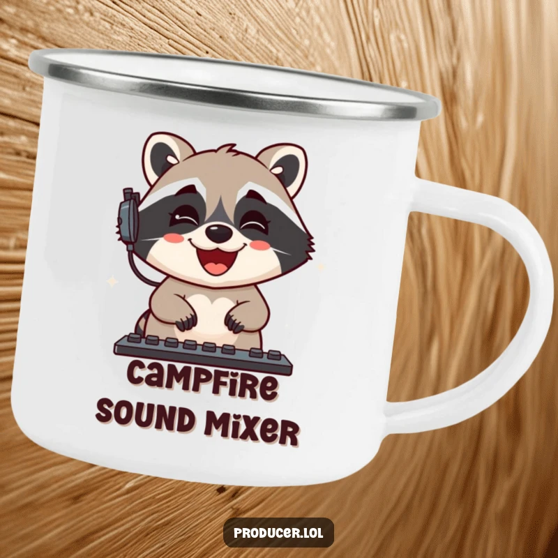 Funny Raccoon Camping Mug: A grinning raccoon gleefully mixes sound levels, perfect for enjoying beverages outdoors.