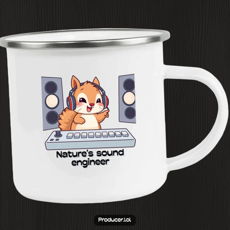 Funny Squirrel DJ Camping Mug: A squirrel in a headset enthusiastically operates a soundboard, ready to provide the soundtrack for outdoor adventures.