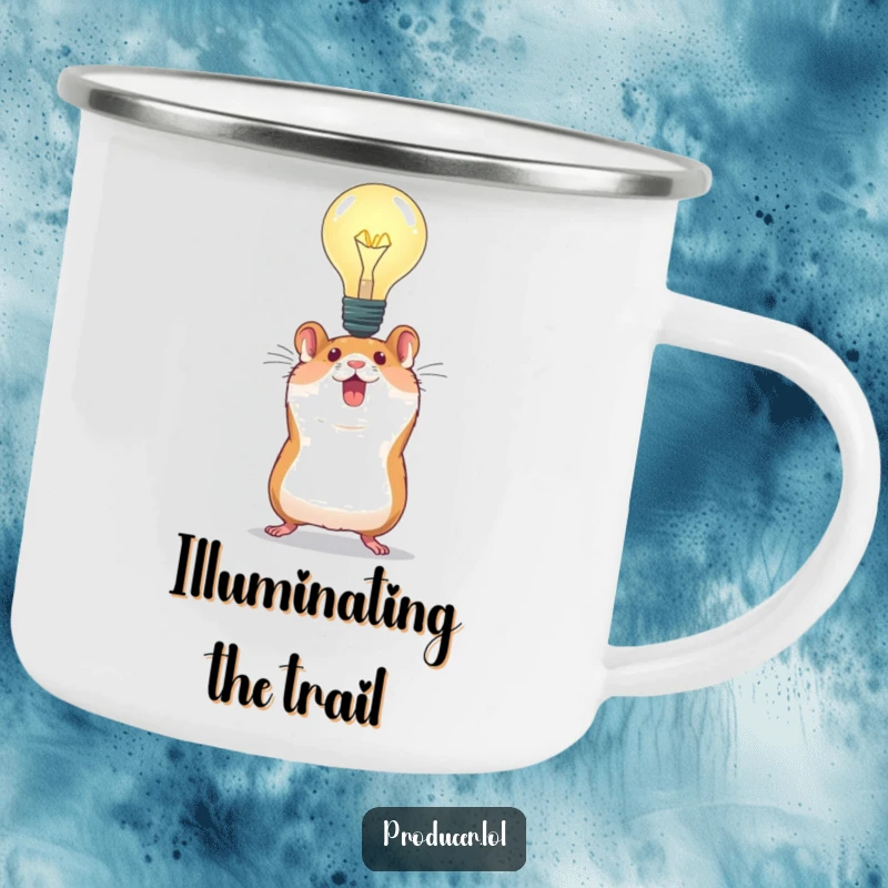 Funny Hamster Idea Camping Mug: An enamel mug with an energetic hamster holding a light bulb, ready for bright ideas in the wild.