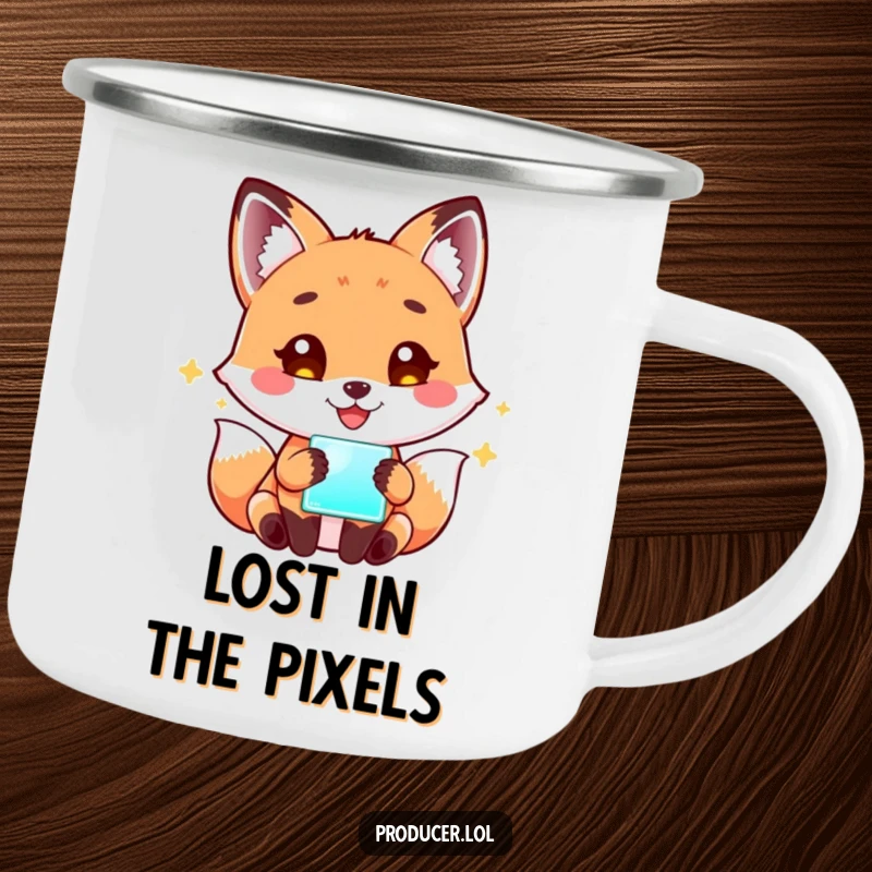Funny Fox Camping Mug: An enamel mug featuring a playful fox happily staring at a glowing screen, ready for outdoor adventures.