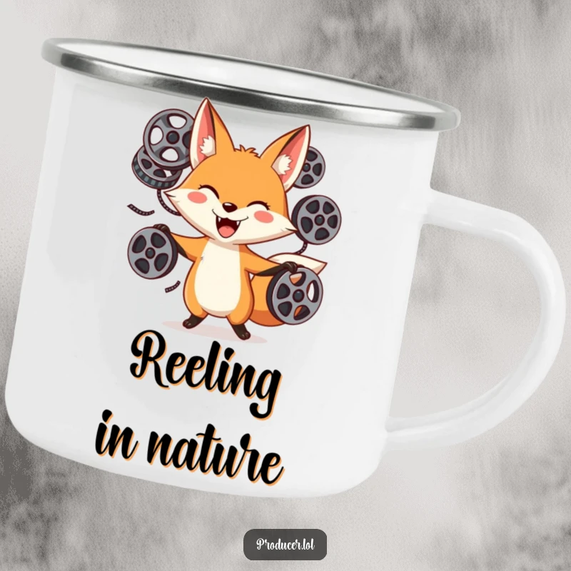 Funny Fox Juggling Camping Mug: A playful fox juggles film reels, ready to provide the soundtrack and visuals for outdoor adventures.